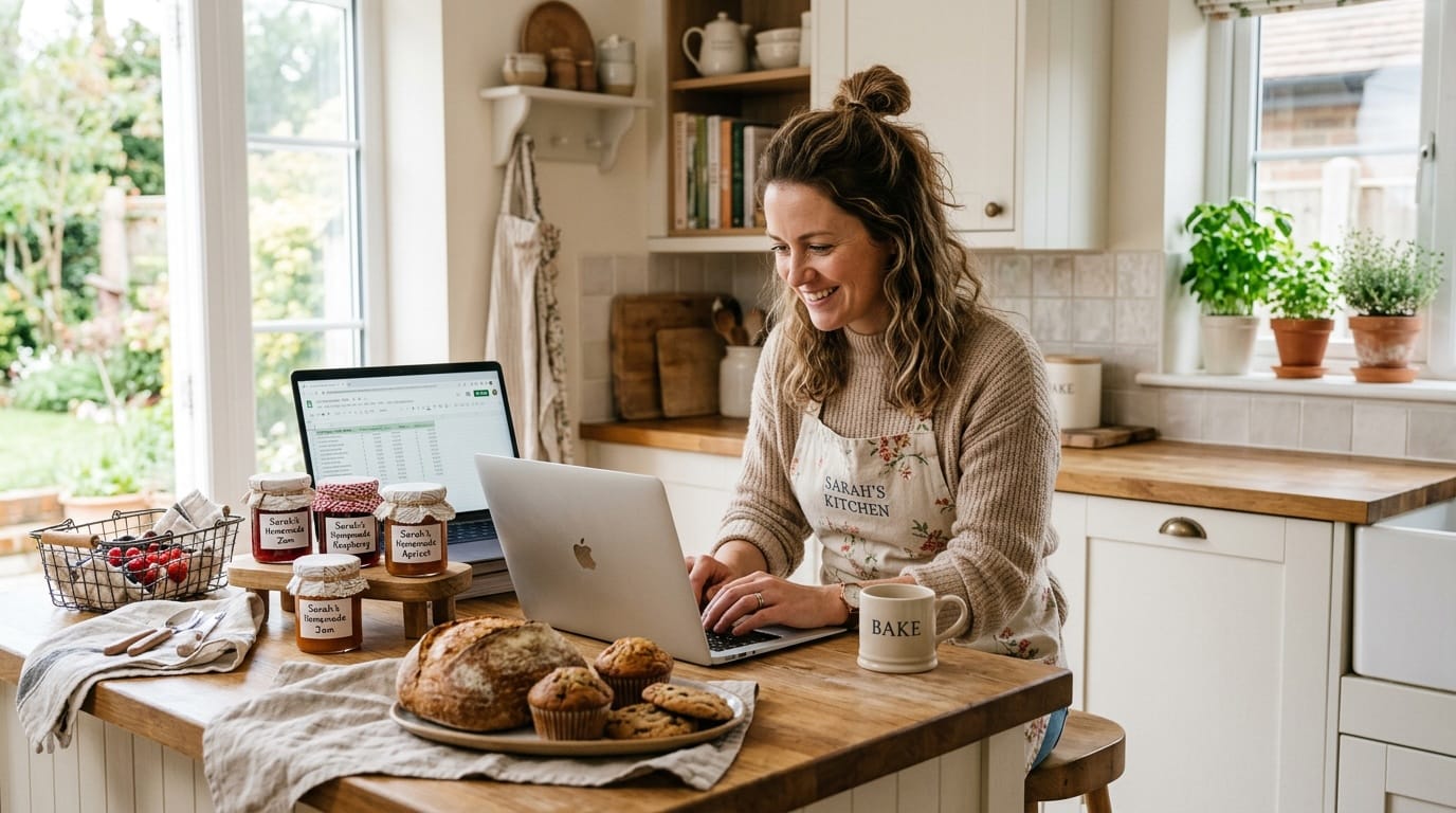 Cottage CMS vs Butter and Sage Market Comparison Cottage food business owner comparing website tools on a laptop in a bright home kitchen with jam jars on the counter