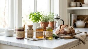 Cottage food product line — jars of jam, baked goods, and syrups on a wooden table