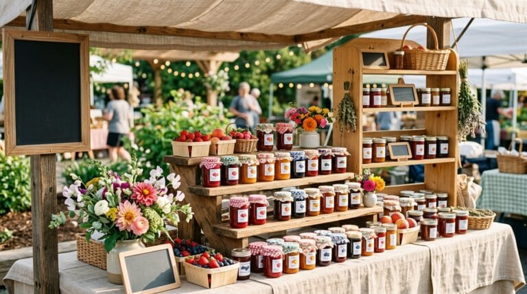 Farmers Market Display Ideas That Actually Stop Foot Traffic (Visual Merchandising for Cottage Food Vendors) 3 Beautiful farmers market booth display with tiered wooden stands, colorful jam jars, and linen tablecloth