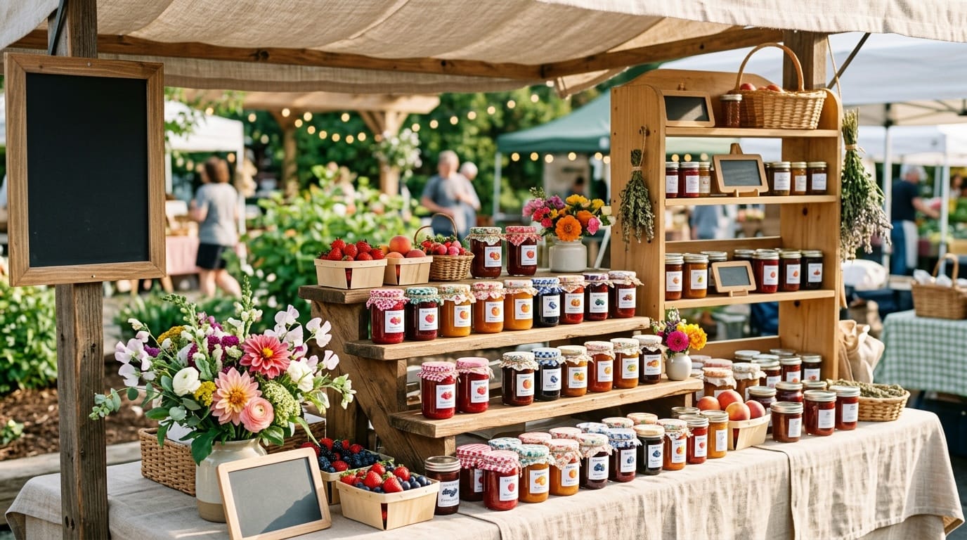 Farmers Market Display Ideas for Cottage Food Vendors Beautiful farmers market booth display with tiered wooden stands, colorful jam jars, and linen tablecloth