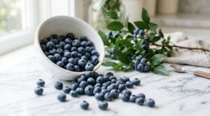 Close-up of ripe blueberries on the bush with a garden background in soft natural light