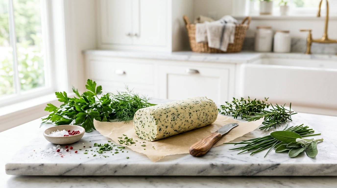 Fresh herb compound butter log on parchment with market herbs on a marble surface