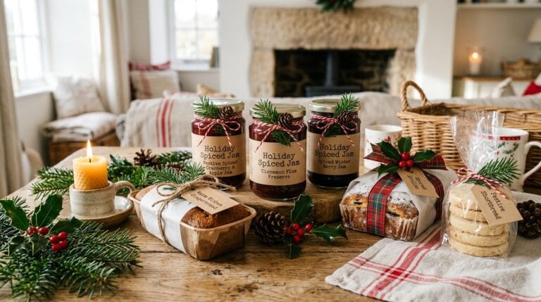 How to Plan Your Holiday Baking Season as a Cottage Food Vendor (Start in Summer, Sell Out in December) 4 Holiday cottage food gift set with spiced jam jars and wrapped baked goods on a rustic wood surface with evergreen sprigs