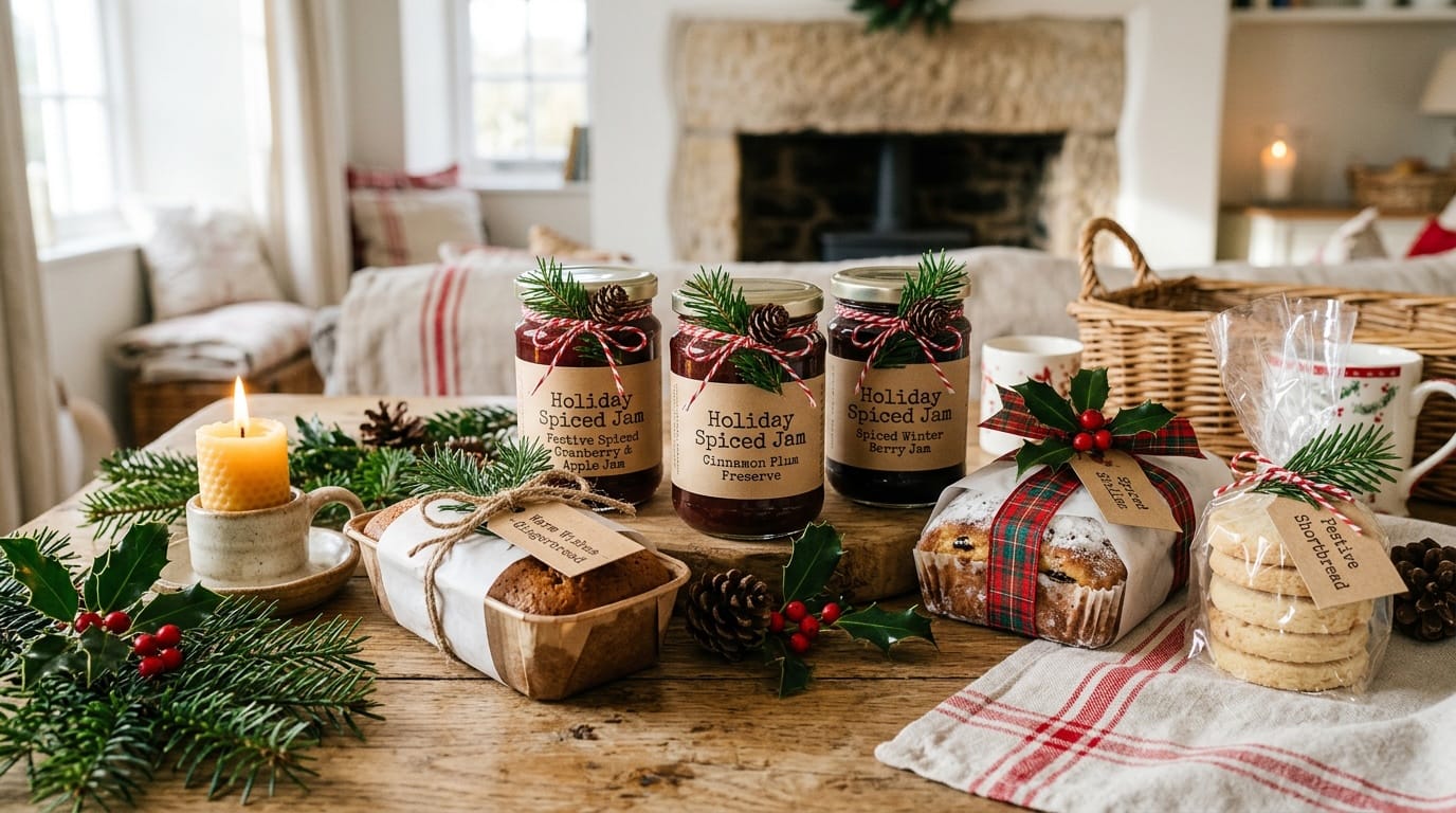 Holiday cottage food gift set with spiced jam jars and wrapped baked goods on a rustic wood surface with evergreen sprigs