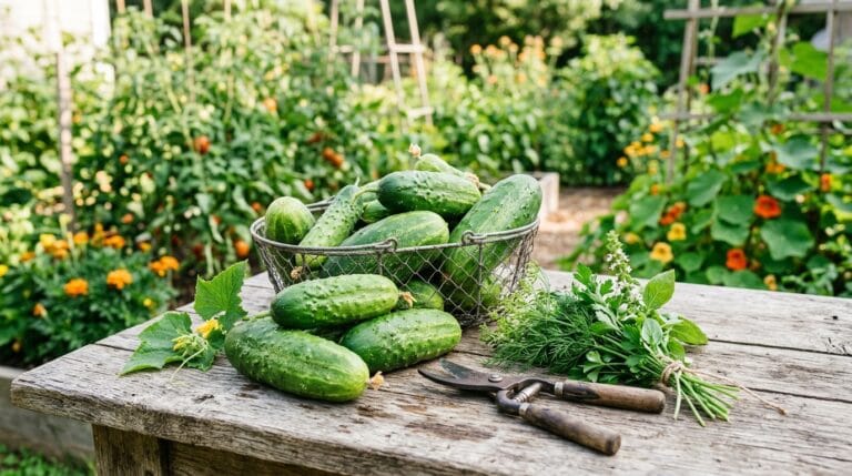 Fresh cucumbers harvested from a backyard garden on a rustic wood surface with garden shears and fresh herbs
