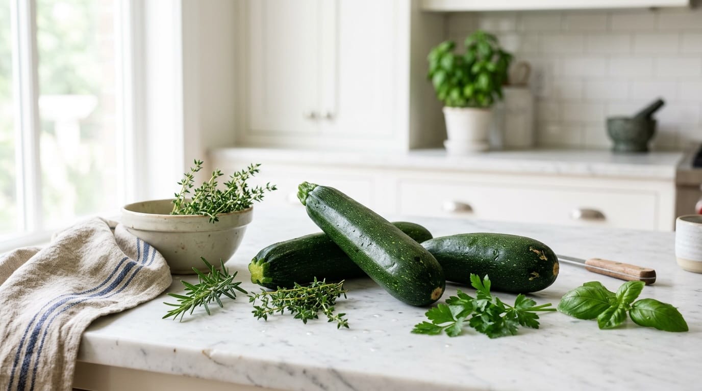 Fresh zucchini growing in a backyard garden bed with green leaves