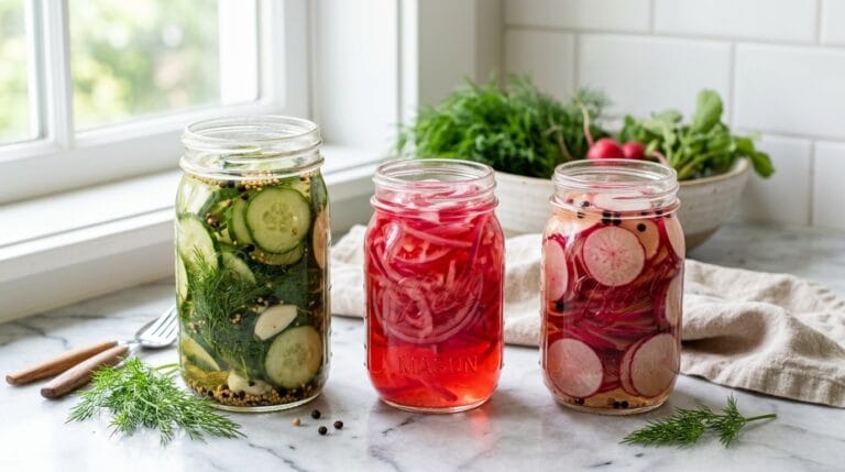 Three mason jars of colorful refrigerator pickles — dill cucumbers, pickled red onions, and pickled radishes — on a marble countertop with fresh dill