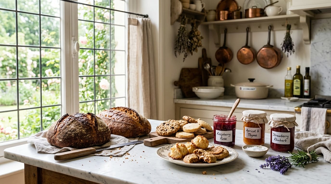 Indiana cottage food law guide — homemade jars and baked goods on a farmhouse kitchen counter