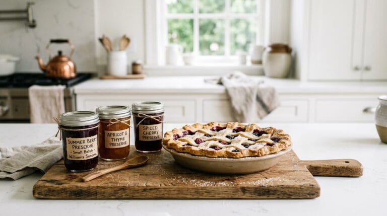 Maryland cottage food law 2026 — glass jars of fruit preserves and freshly baked pie on a wood cutting board
