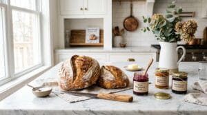 Massachusetts cottage food law 2026 — artisan sourdough and homemade jam on a marble kitchen counter