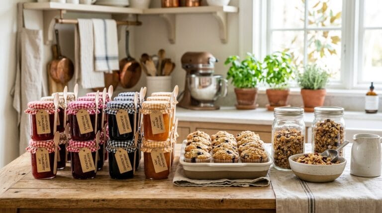 Oklahoma cottage food law 2026 — rows of homemade jam jars, muffins, and granola on a farmhouse wood table