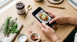 Phone showing a food photo for Pinterest marketing with small-batch jam and fresh herbs in the background