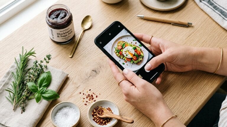 How to Use Pinterest to Grow Your Cottage Food Business (And Why It Outlasts Instagram) 5 Phone showing a food photo for Pinterest marketing with small-batch jam and fresh herbs in the background