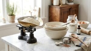 Recipe notes and measuring cups with fresh ingredients in an overhead flat lay on a marble counter