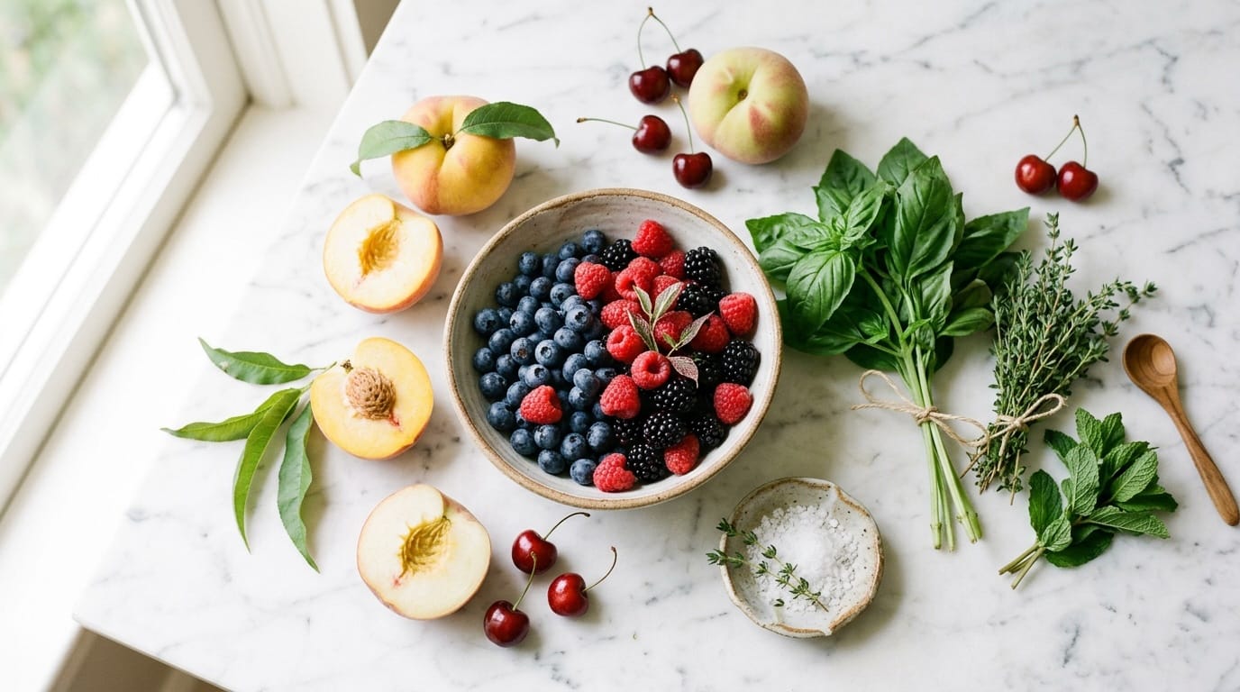 Seasonal Menu Planning for Cottage Food Vendors | Butter & Sage Market Seasonal produce spread with a planning notebook and measuring tools on a wood cutting board