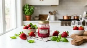 Strawberry basil simple syrup in a glass jar with fresh strawberries and basil on marble