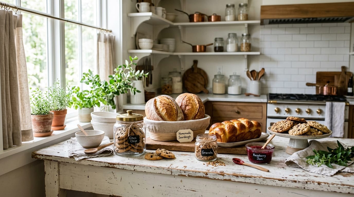 Wisconsin cottage food products — jams, baked goods, and preserves on a farmhouse table