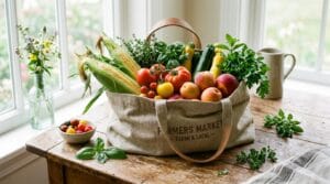Linen tote bag overflowing with summer produce from the farmers market