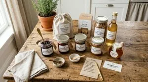 artisan cottage food products including preserves and packaged baked goods arranged on wood surface
