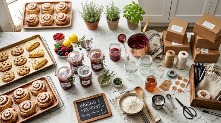 cottage food production setup with multiple baked goods trays and jars on marble counter