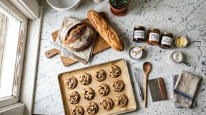 artisan home-baked goods including jam jars, bread loaves and cookies on marble countertop