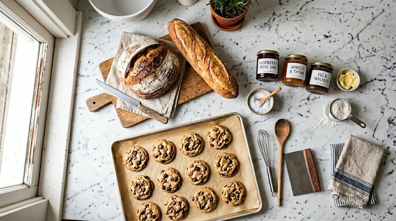 Cottage Food vs Commercial Kitchen artisan home-baked goods including jam jars, bread loaves and cookies on marble countertop
