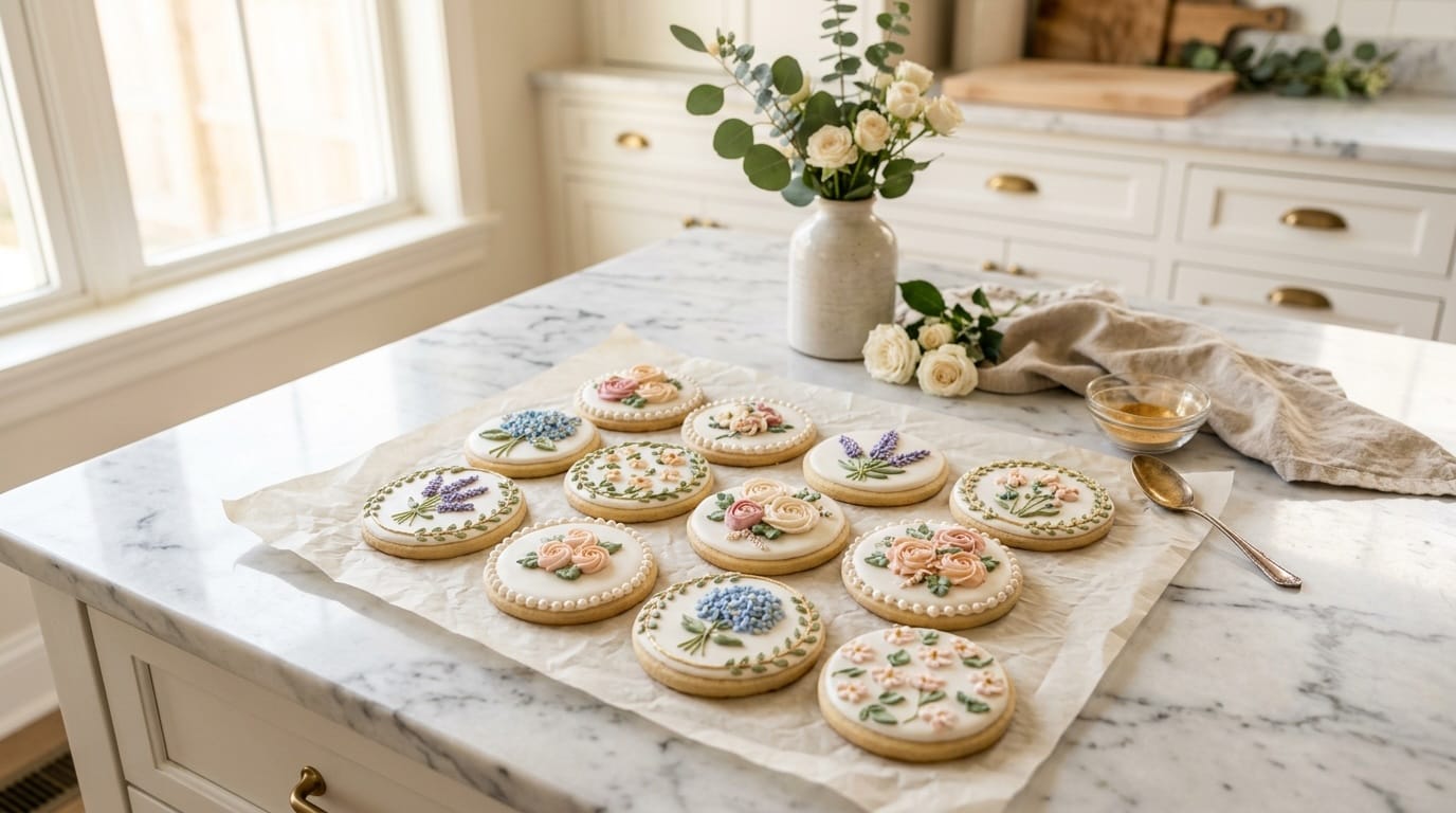 Custom decorated cookies near me — royal icing sugar cookies on marble