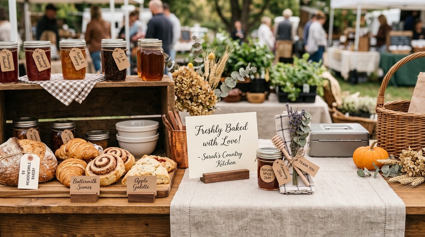 Customer Loyalty Program for Cottage Food Business — Butter & Sage Market Warm farmers market vendor table with homemade products and a small seasonal gift bundle