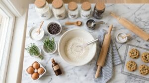 clean organized home baking workspace with white ceramic bowls and marble countertop