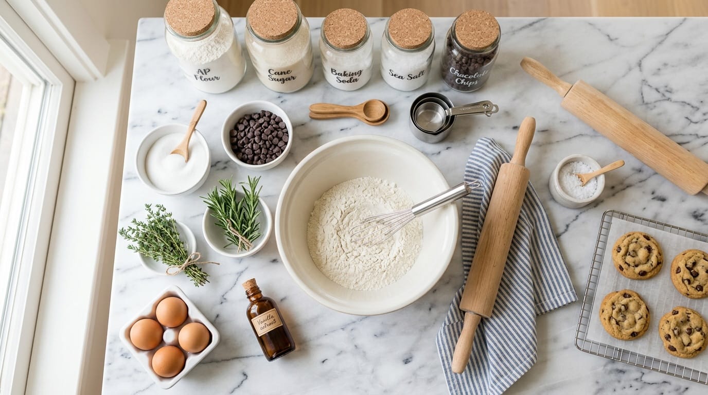 clean organized home baking workspace with white ceramic bowls and marble countertop