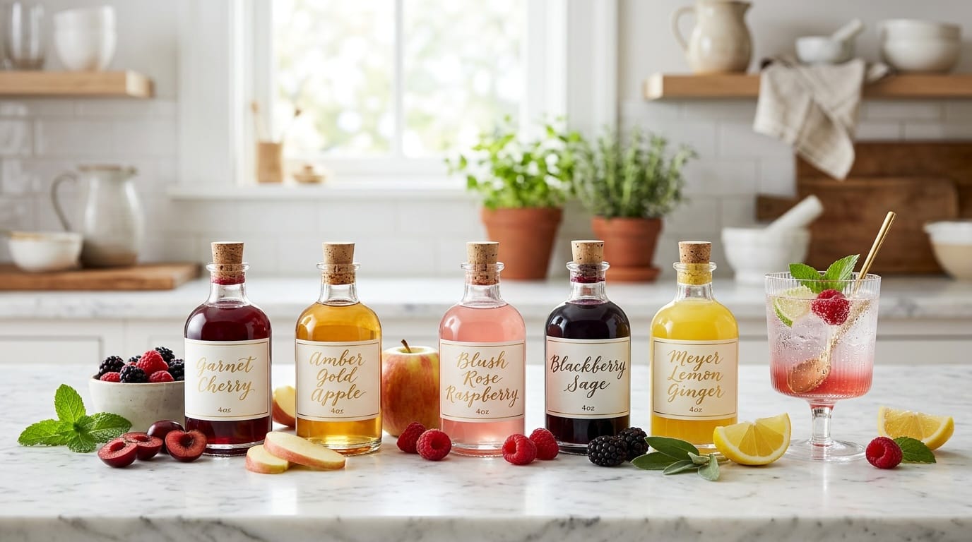 Small glass bottles of jewel-toned drinking vinegars and shrubs — garnet, amber, and rose — on a marble surface