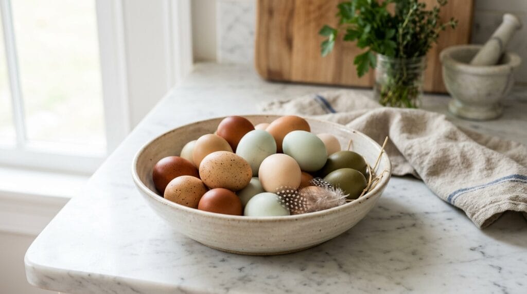 Farm-fresh eggs in brown, cream, and blue shells in a rustic ceramic bowl