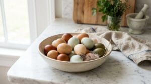 Farm-fresh eggs in brown, cream, and blue shells in a rustic ceramic bowl
