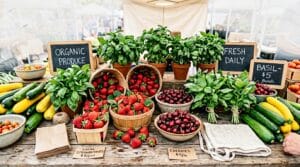 What's at the farmers market in June — colorful summer seasonal produce display
