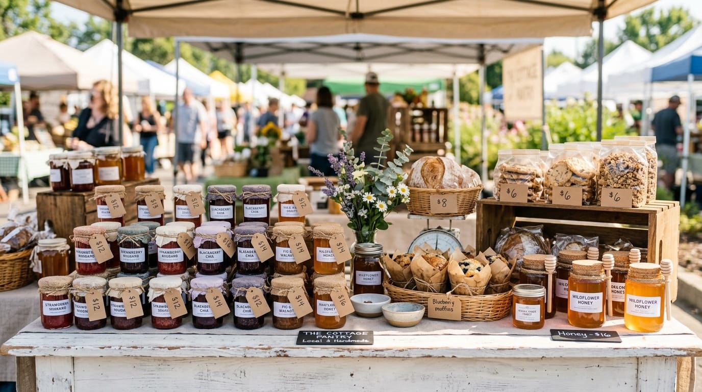 Cottage food products displayed at a farmers market booth — jars of jam, baked goods, and honey