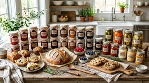 abundance of artisan cottage food products including jams pickles and baked goods on farmhouse table