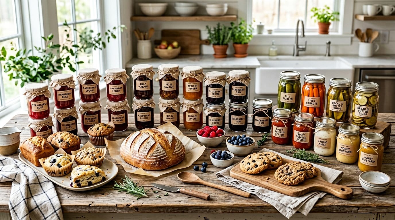 abundance of artisan cottage food products including jams pickles and baked goods on farmhouse table