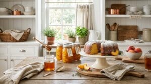 Southern kitchen scene with peach preserves in mason jars and fresh baked bundt cake