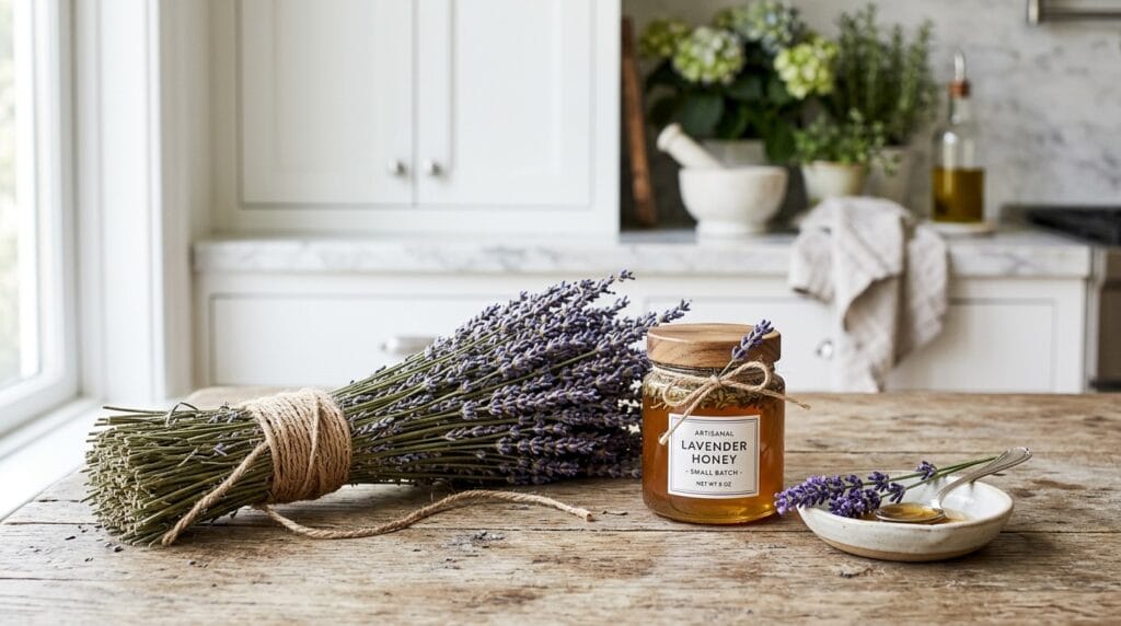 How to Grow Lavender at Home (And Why Your Kitchen, Your Booth, and Your Neighbors Will Thank You) 2 Dried lavender bundle with jar of honey and fresh sprigs on natural wood