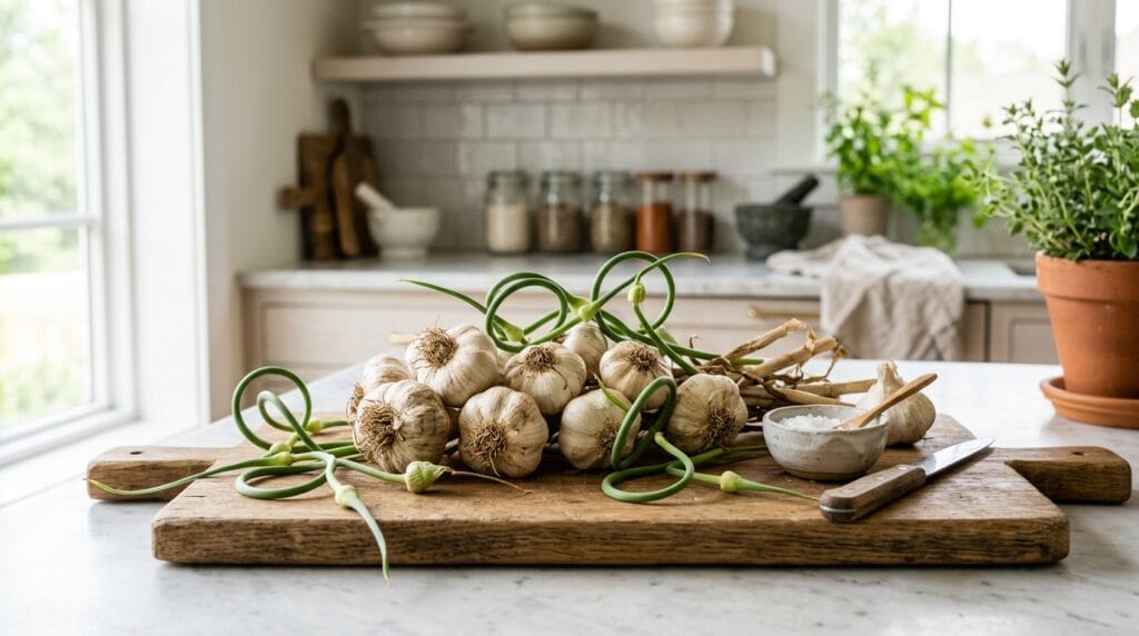 Cured garlic bulbs and garlic scapes on a wood cutting board — how to grow garlic