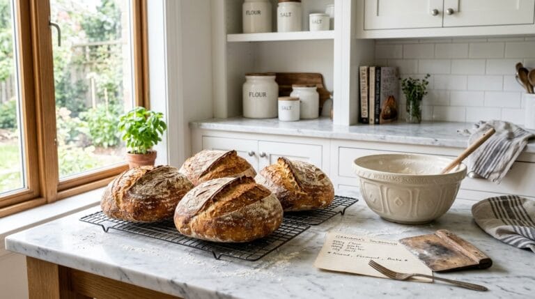 Fresh baked loaves cooling on a wire rack in a home kitchen