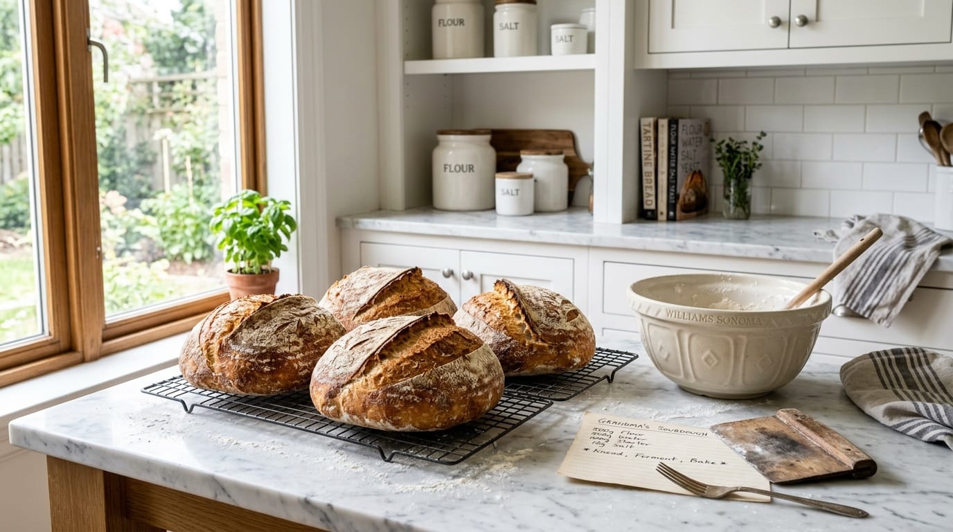 Home baker overcoming imposter syndrome Fresh baked loaves cooling on a wire rack in a home kitchen