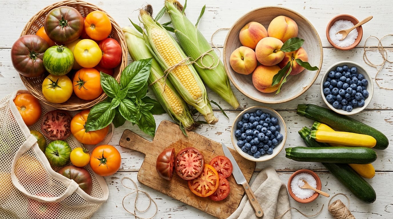 Abundant summer farmers market flat lay — heirloom tomatoes, sweet corn, peaches, fresh basil, and blueberries