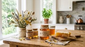 Local honey near me — honey jars with honeycomb and wildflowers on wood