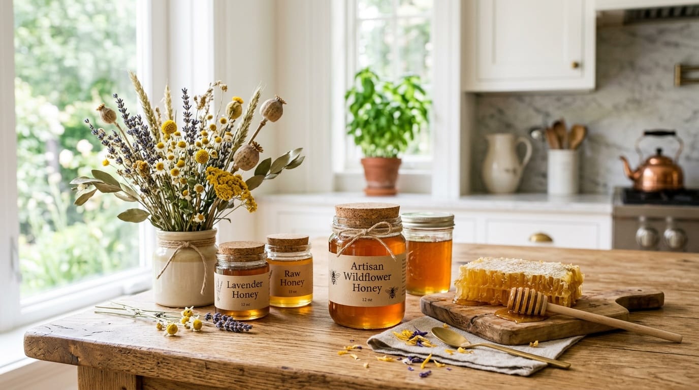 Local honey near me — honey jars with honeycomb and wildflowers on wood