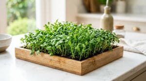 Microgreens in a wooden tray for farmers market — vivid green shoots
