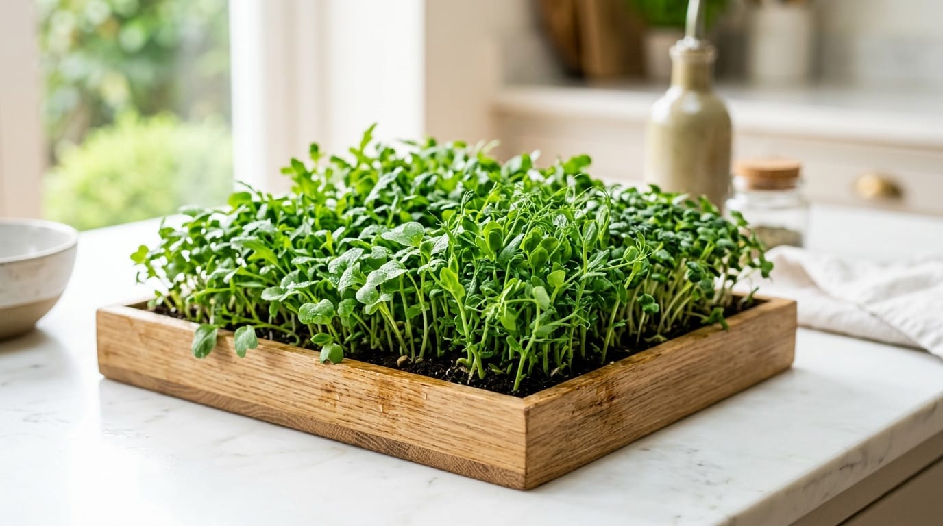 Microgreens for Farmers Market Microgreens in a wooden tray for farmers market — vivid green shoots