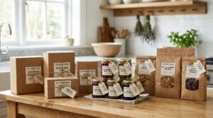 Neatly packaged cottage food pre-orders — kraft boxes and bags labeled and ready for pickup