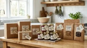 Neatly packaged cottage food pre-orders — kraft boxes and bags labeled and ready for pickup