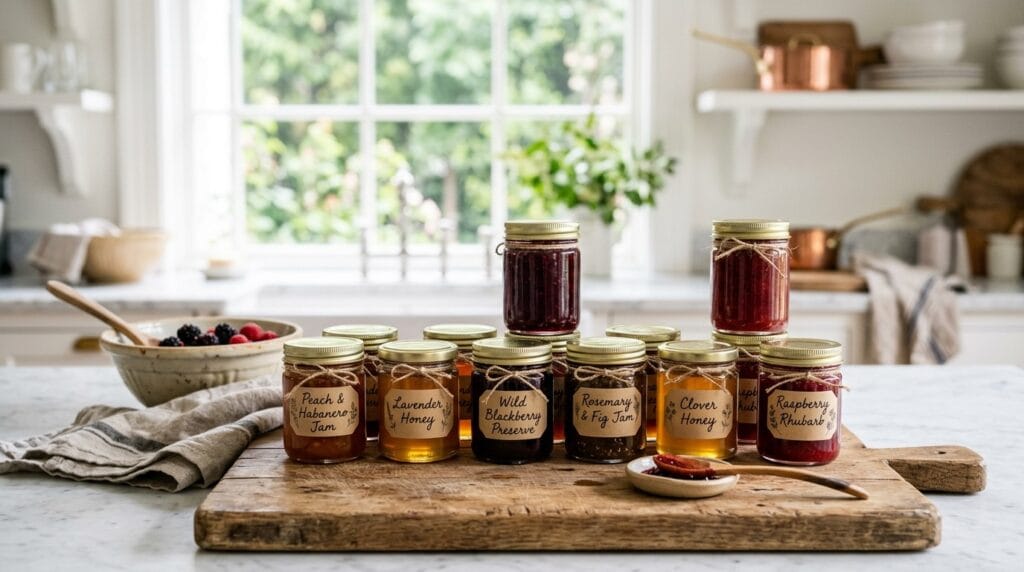 Artisan cottage food products with handwritten labels at a farmers market booth